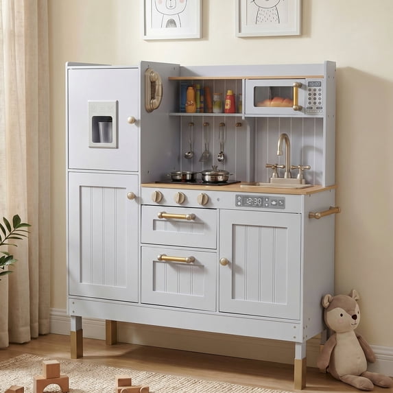 Pirecart Kids Play Kitchen, Wooden Kitchen Playset Pretend Chef Cooking Play Set with Realistic Lights & Sounds and Cooking Accessories, Gray