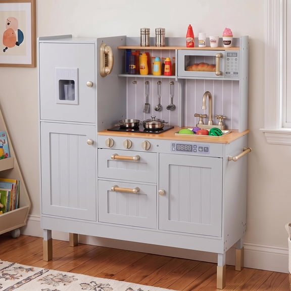 Pirecart Kids Play Kitchen, Height Adjustable Wooden Kitchen Playset with Realistic Lights & Sounds and Cooking Accessories, Gray