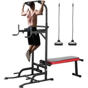 Pirecart Power Tower with Bench Height Adjustable Pull Up Bar Stand Dip Station with Folding Weight Bench and 4 Ropes, 400lbs