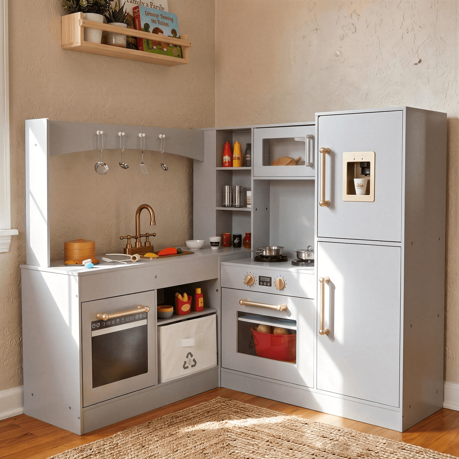 Pirecart Kids Wooden Play Kitchen, Toddler Corner Kitchen Playset with Lights & Sounds, Faucet, Sink, Microwave, Oven, Storage Cabinets, Gray