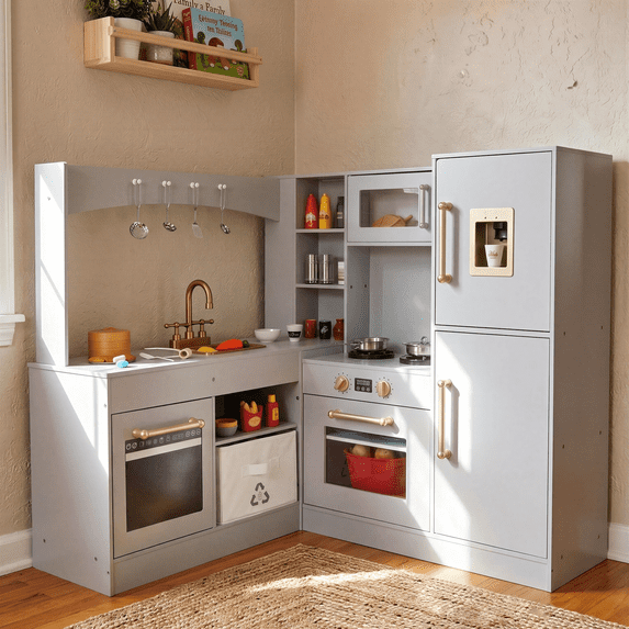 Pirecart Kids Wooden Play Kitchen, Toddler Corner Kitchen Playset with Lights & Sounds, Faucet, Sink, Microwave, Oven, Storage Cabinets, Gray