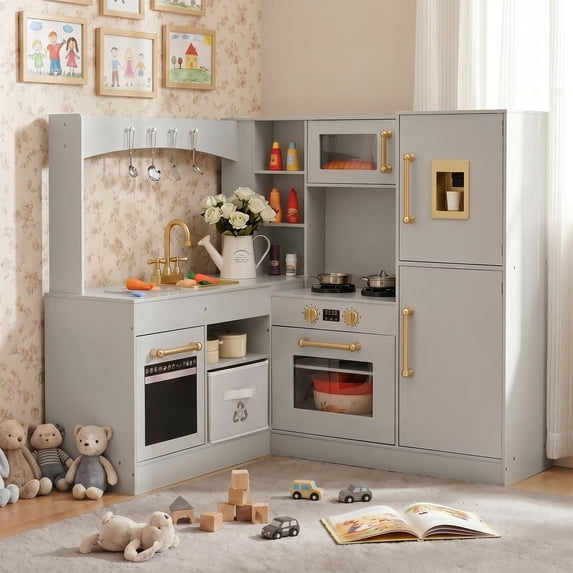 Pirecart Pretend Play Corner Kitchen Kids Kitchen Playset Wooden Pretend Kitchen Toys with Faucet, Sink, Microwave, Oven, Storage Cabinets and Sounds & Lights, Gray
