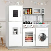 Pirecart Pretend Play Kitchen Kids Cooking Playset Toys with Water Dispense, Washing Machine, Real Sounds & Lights for Toddler Preschooler, Gifts for Bithday, Gray