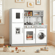 Pirecart Pretend Play Kitchen Kids Cooking Playset Toys with Water Dispense, Washing Machine, Real Sounds & Lights for Toddler Preschooler, Gifts for Bithday, Gray