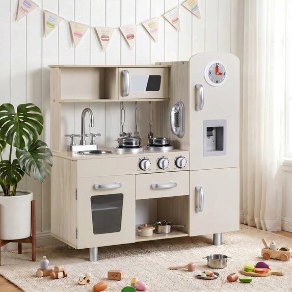 Pirecart Pretend Play Kitchen Wooden Toy Kitchen Playset with Ice Maker, Microwave, Sink, Oven and Cookware Accessories, Pretend Play Toy Set for Girls and Boys Age 3+, Beige
