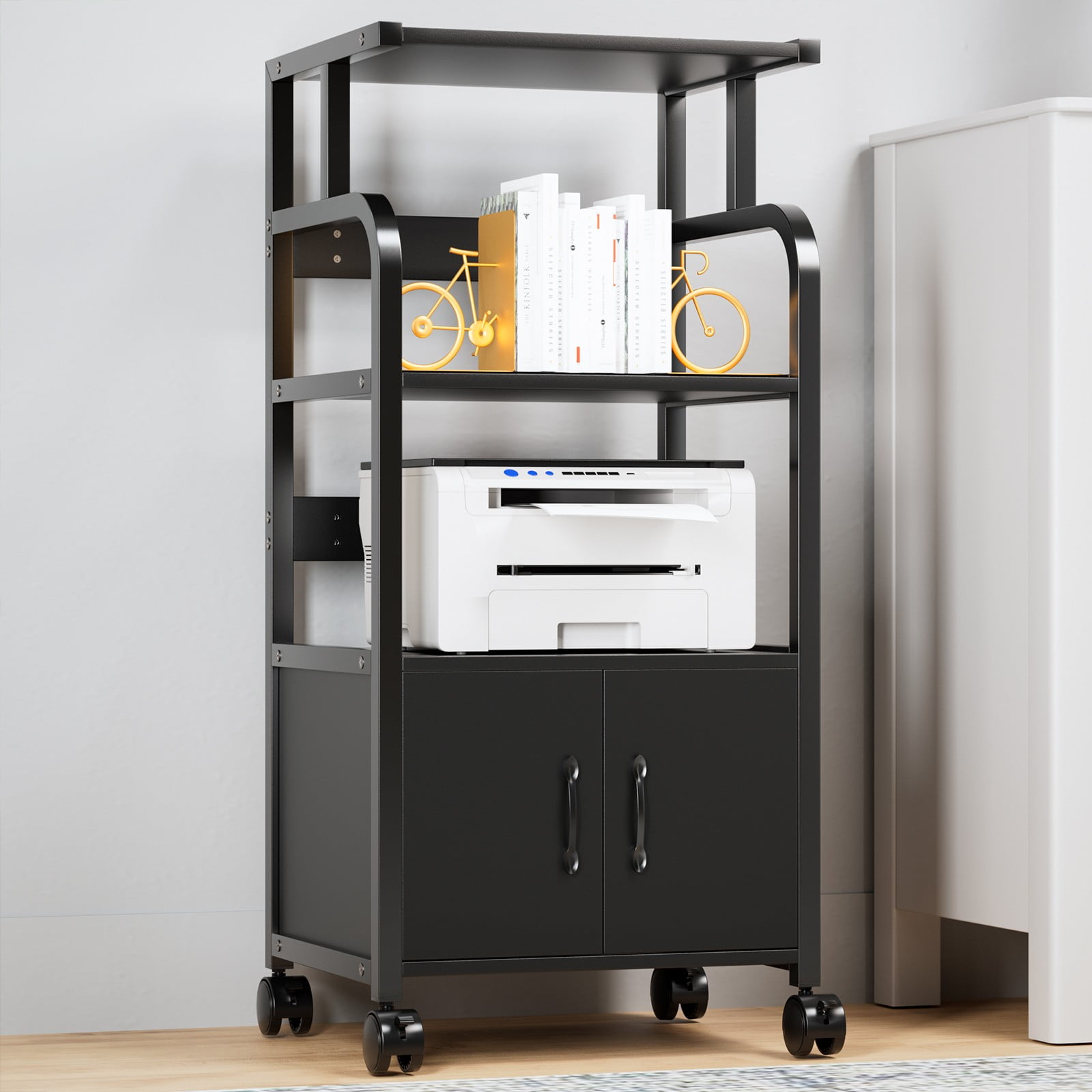 Walmart Coupons of Pirecart Printer Stand - 4 Tier Rolling Printer Cart with Lockable Wheels, Adjustable Printer Cabinet, Wooden File Cabinet, File Organizer Shelf Filing Cabinet for Home, Office, Dorm, Living room