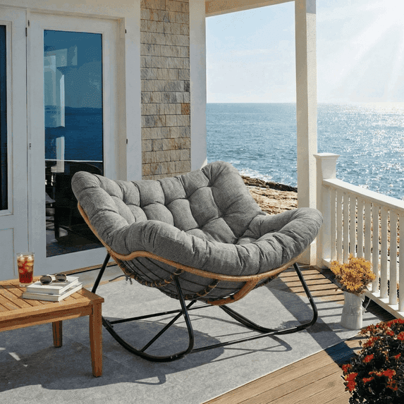 Pirecart Rocking Papasan Chair, Oversized Padded Lounge Rocker with Cushion, Large Indoor / Outdoor Rocking Recliner for Living Room/Porch/Garden, Dark Gray