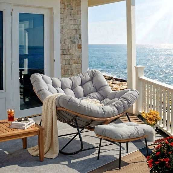 Pirecart Rocking Papasan Chair with Footrest, Indoor Outdoor Papasan Rocking Chair with Cushion, Oversized Wicker Rocking Chair, Gray