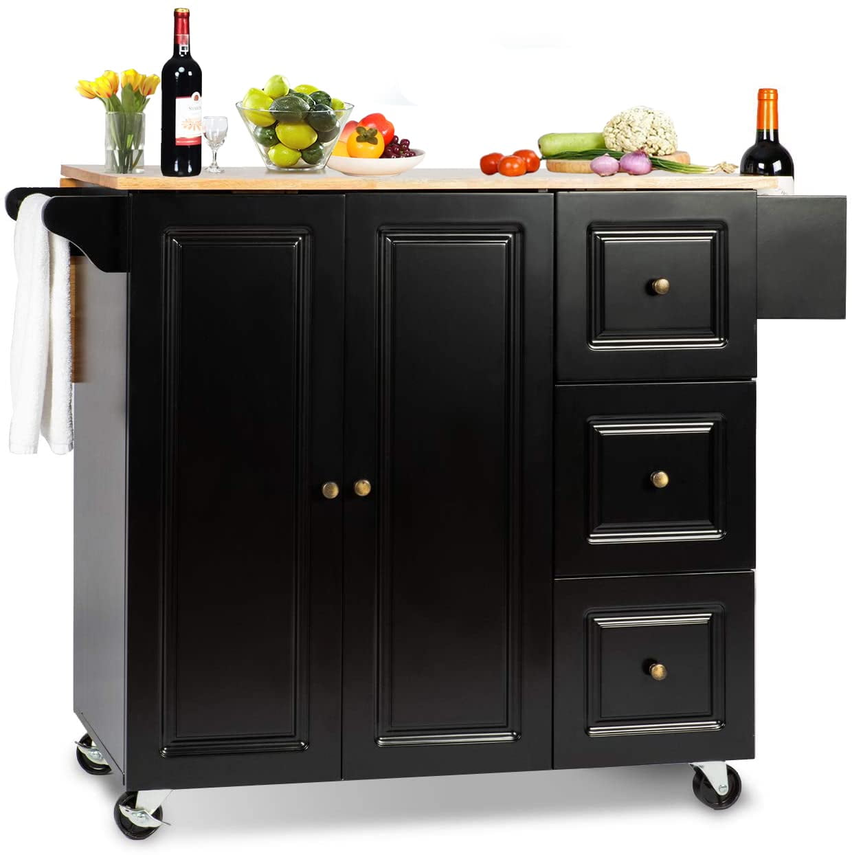 Pirecart Rolling Kitchen Island with Storage, Expandable Top Large
