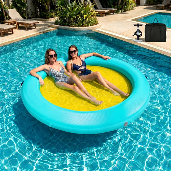 Pirecart Round Floating Inflatable Water Hammock, Pool Floatsfor Adults, Swimming Platform with Pump & Storage Bag, Large Size for 2-3, Green