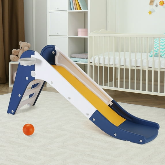Pirecart Slide for Kids, Freestanding Toddler Slide Playground Climber Playset with Basketball Hoop, Indoor Outdoor Kids Slide, Blue & Yellow