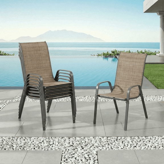 Pirecart Stackable Patio Chairs of 6, Outdoor Dining Chairs High Back Textilene Armchairs for Backyard Garden Poolside, Brown