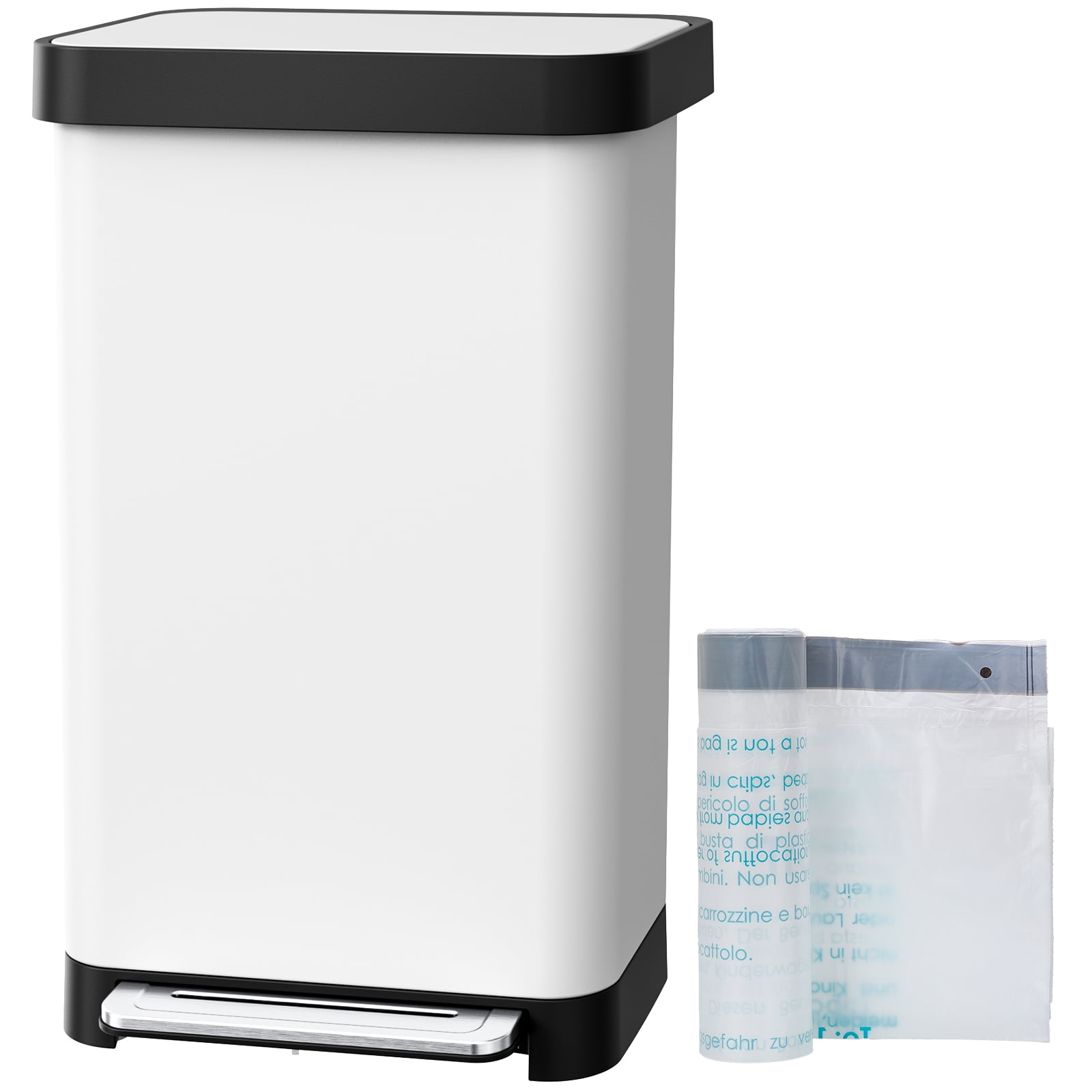 Pirecart Stainless Steel Trash Can, 13.2 Gal Large Capacity Garbag Bin with 15 Inner Bags & Rear Trash Bag Storage Compartment, Garbage Can W/ Soft-Close Lid & Built-In Deodorizer Box, White