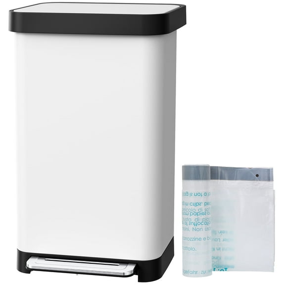 Pirecart Stainless Steel Trash Can, 13.2 Gal Large Capacity Garbag Bin with 15 Inner Bags & Rear Trash Bag Storage Compartment, Garbage Can W/ Soft-Close Lid & Built-In Deodorizer Box, White