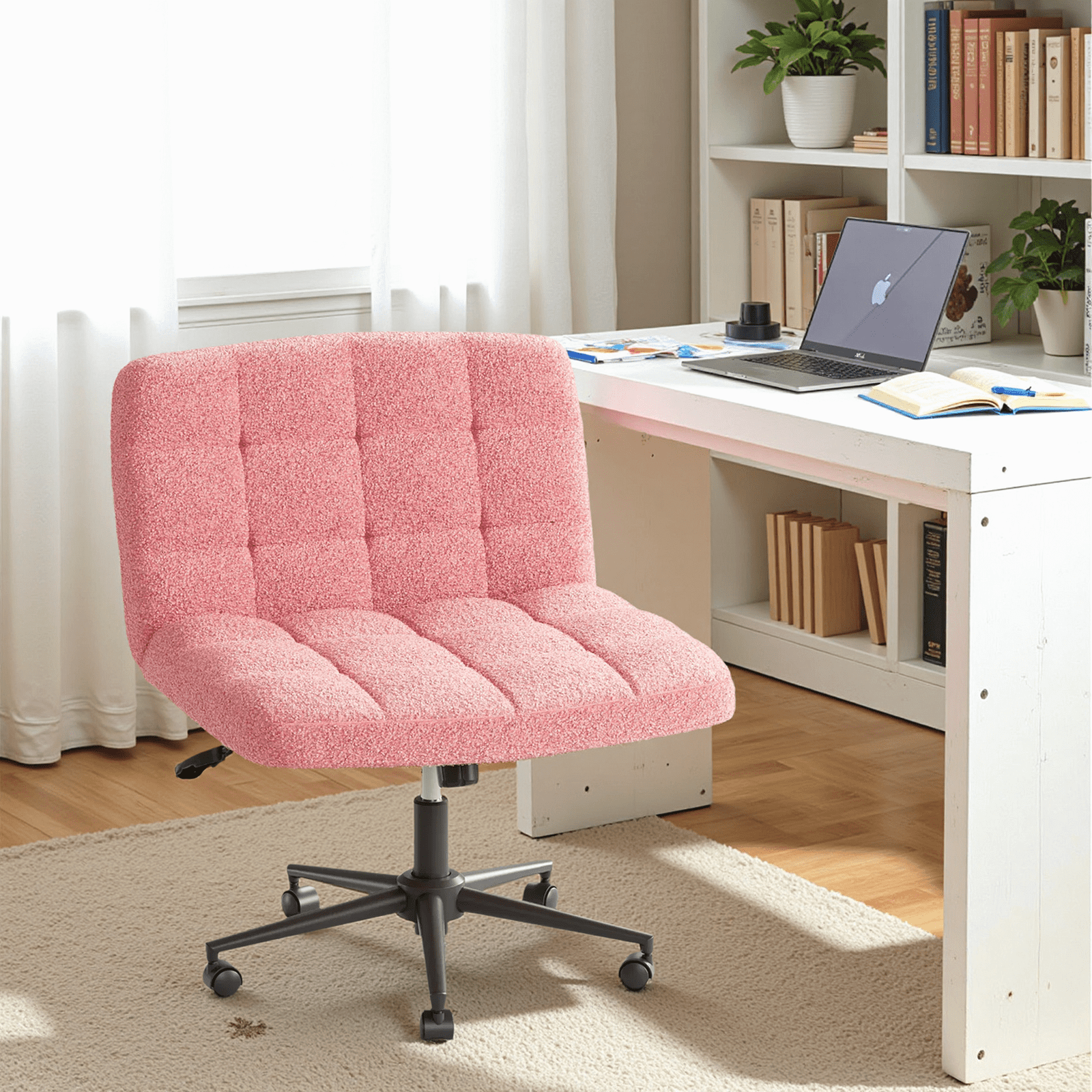 Pirecart Swivel Criss Cross Legged Office Chair, Armless Desk Chair with Wheels, Height Adjustable Vanity Chair with Comfy Cushion for Office, Vanity, Bedroom, Sherpa Fleece, Pink