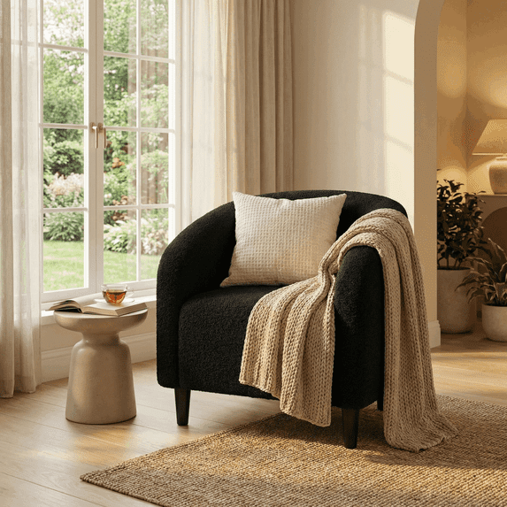 Pirecart Teddy Fabric Accent Barrel Chair, Small Space Compact Armchair, Soft Bedroom Accent Chair with a Side Pocket for Living Room/Bedroom/Reception Room, Black
