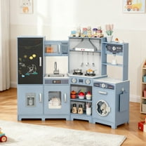 Pirecart Toddler Corner Play Kitchen, Kids Kitchen Playset with Stove & Real Sound Range Hood, Blackboard, 6Pcs Cooking Accessories,Gift for Age 3 , Blue