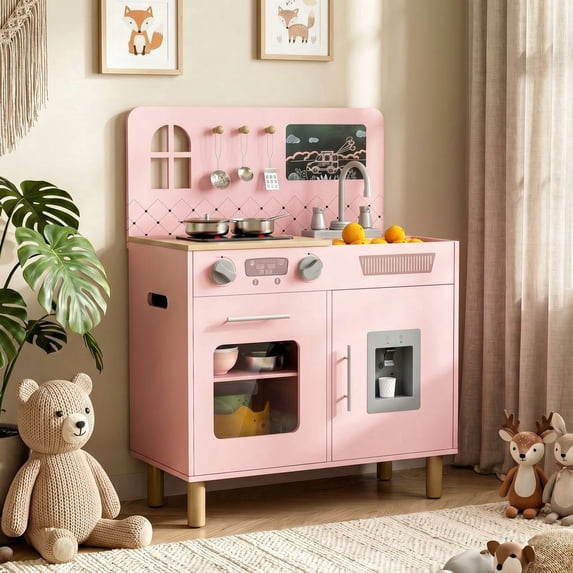 Pirecart Toddler Kitchen Playset, Wooden Kids Play Kitchen Set with Real Lights & Sounds and Cooking Accessories, Interactive Pretend Kitchen with Chalkboard Panel for Toddlers and Children, Pink