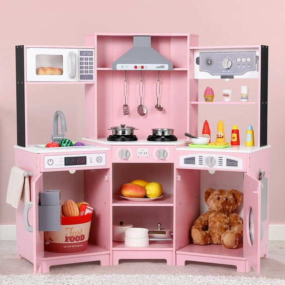 Pirecart Toddler Play Kitchen Corner Wooden Pretend Toys Playset with Realistic Lights & Sounds, Microwave Oven, Washer and Cooking Accessories