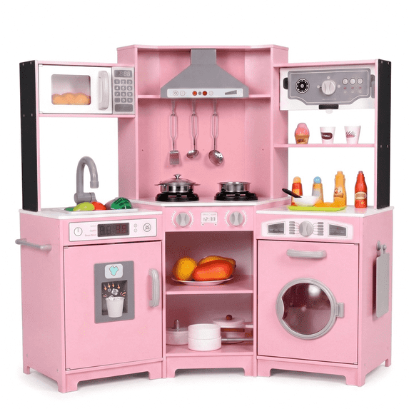 Pirecart Toddler Play Kitchen, Wooden Corner Pretend Toys Playset with Realistic Lights & Sounds, Microwave Oven, Washer and Cooking Accessories