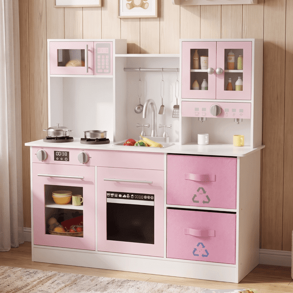 Pirecart Toddler Pretend Play Kitchen, with Realistic Light & Sounds, Cookware Accessories, Sink, Microwave, Gifts for Little Girl, Pink