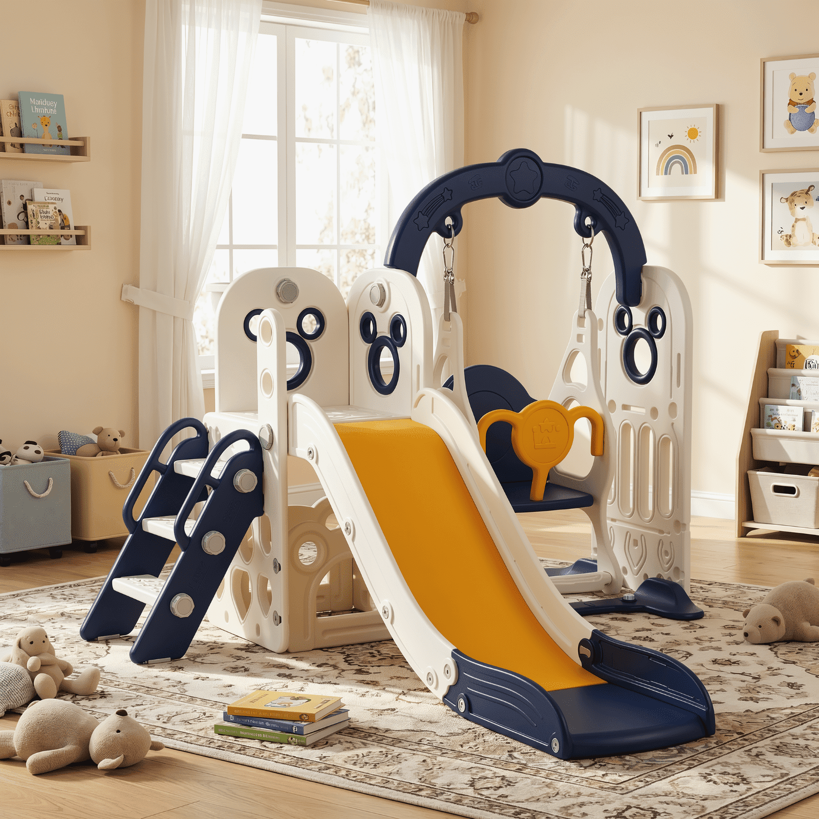 Pirecart Toddler Slide and Swing Set, Indoor Outdoor Kids Climber Slide with Basketball Hoop, for Boys Girls Birthday, Blue and Yellow