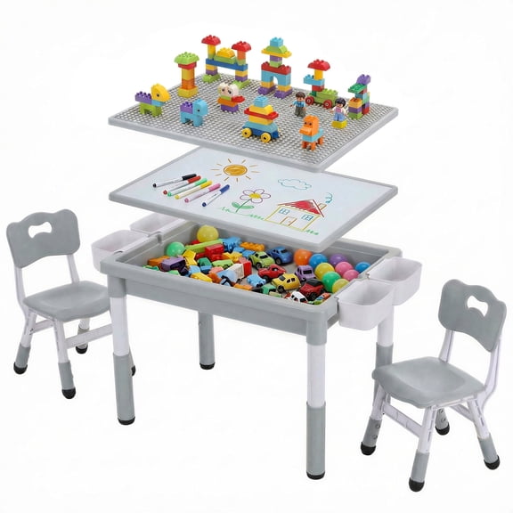 Pirecart Toddler Table and 2 Chairs Set, Hight Adjustable Kids Activity Table with Large Storage & Double-Sided Graffiti / Block Building Tabletop, 4 Drawers, Gary