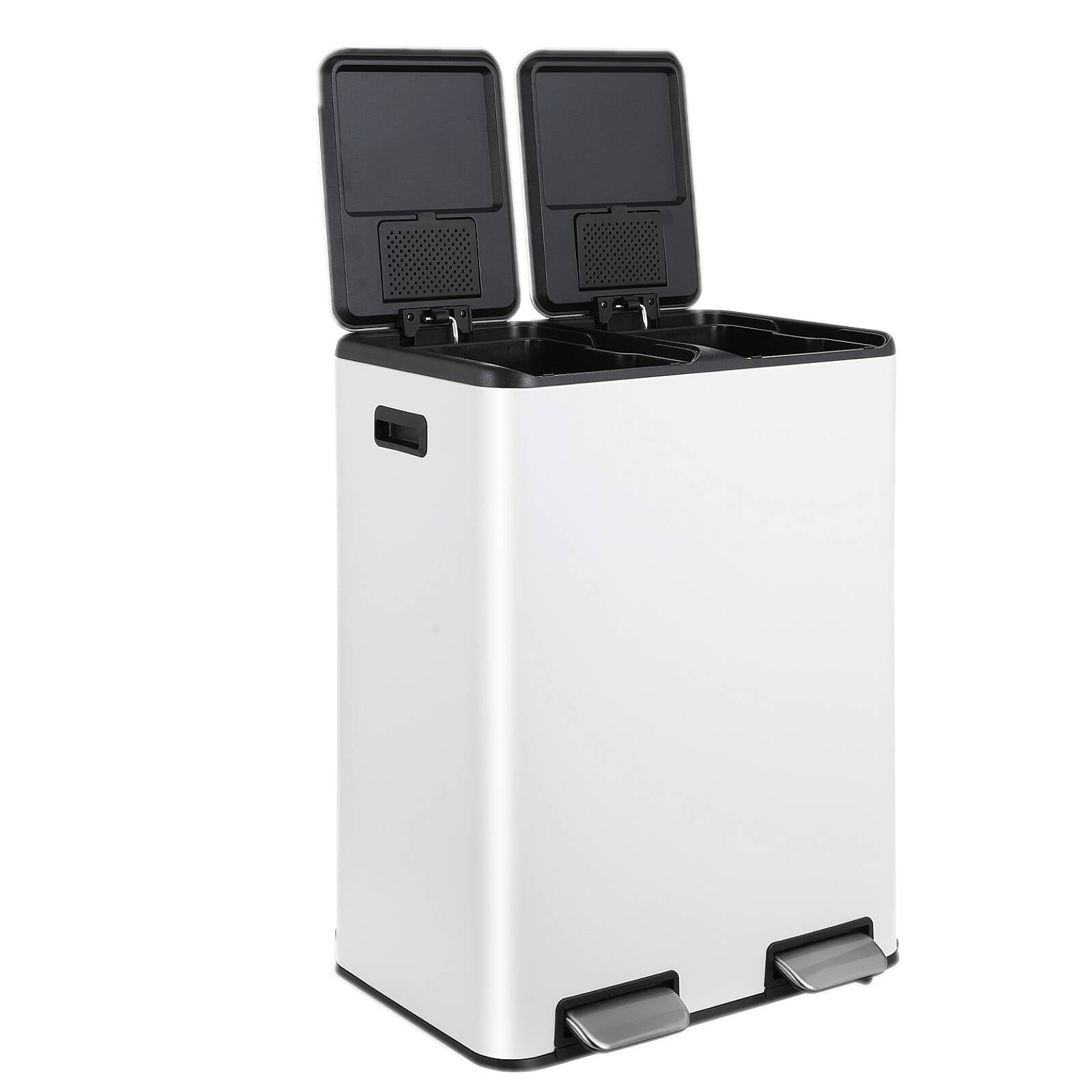 Pirecart Trash Can 16 Gallon Dual Step Garbage Can Stainless Steel Recycling Waste Dustbin with Built-in Filter Boxes, White