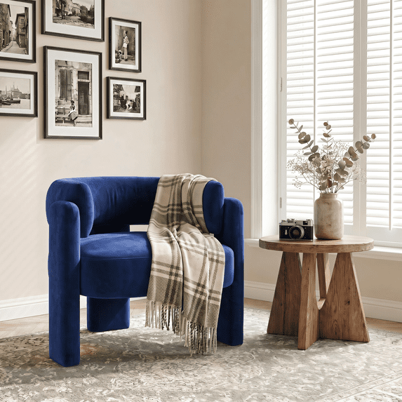Pirecart Velvet Accent Chair, Upholstered Barrel Armchair W/ Curved Back & 3 Legs for Living Room, Bedroom, Reading, Blue