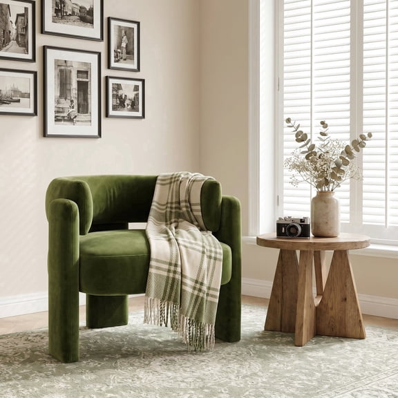 Pirecart Velvet Accent Chair, Upholstered Reading Chair with 3 Legs, Comfy Barrel Chairs for Living Room, Bedroom, Side Arm Chair, 286 lbs, Green