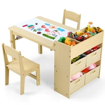 Pirecart Wooden Kids Art Table and 2 Chairs, Toddler Drawing Desk with 4 Storage Bins and Paper Roll