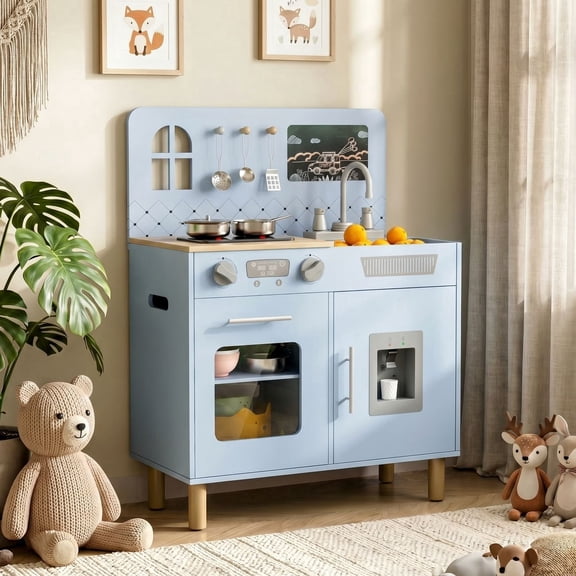 Pirecart Wooden Kids Play Kitchen, Toddler Pretend Play Kitchen Set with Knob Sounds, Sink, Water Dispenser, Children Kitchen Playset with Real Lights & Sounds for Age 3+, Blue