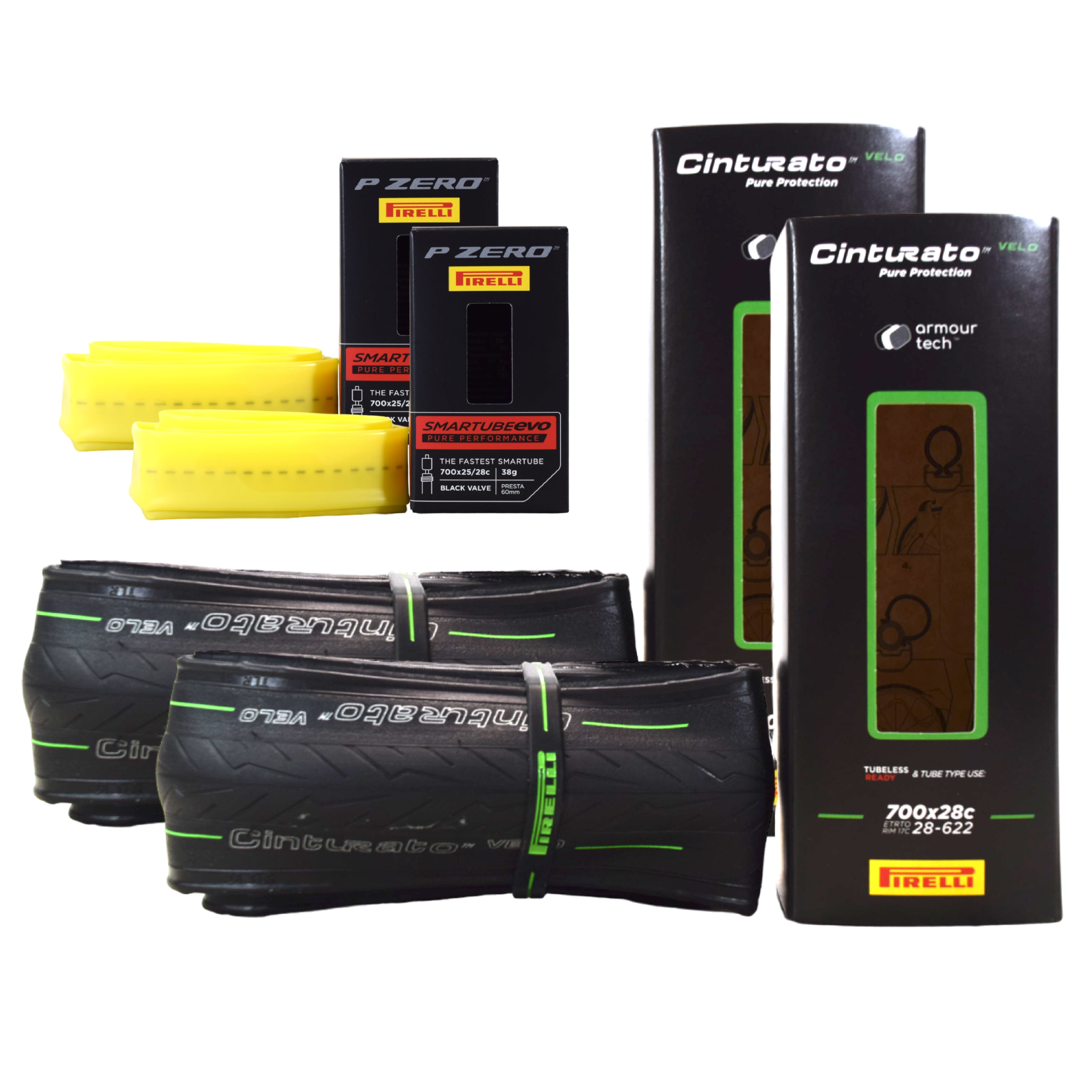 Pirelli Cinturato Velo TLR Bicycle Tire 28-622 (700x28c) + SmarTUBE 23/32-622 Presta 60mm - 2 Pack