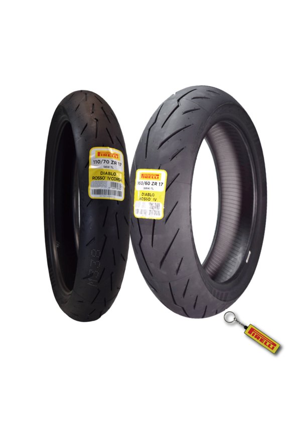 Diablo Rosso IV 110/70 ZR 17 54W M/C Front & 160/60 ZR 17 M/C TL Rear Motorcycle Tire Set - High Performance, Durable for Super Sport Bikes with Keychain