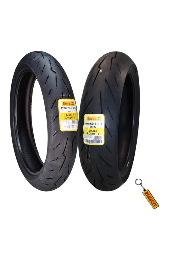Diablo Rosso IV 120/70 ZR 17 M/C Front & 150/60 ZR 17 66W TL Rear Motorcycle Tire Set - High Performance, Durable for Super Sport Bikes with Keychain