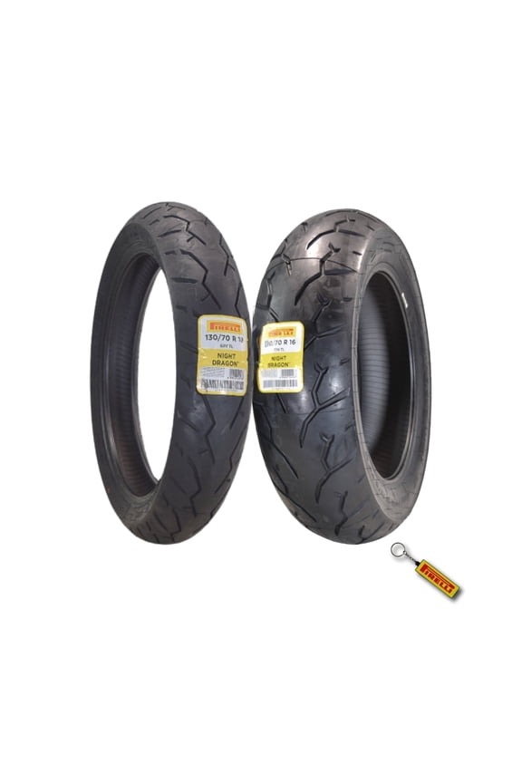 Night Dragon Tire Set: 130/70R18 M/C 63V TL Front & 180/70R16 M/C 77H TL Rear Cruiser Motorcycle Tires - Superior Traction & Handling for High-Performance Cruisers with Keychain