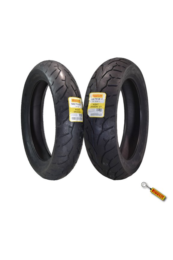 Night Dragon Tire Set: 140/75R17 M/C 67V TL Front & 160/70B17 M/C 79V REINFTL Rear Cruiser Motorcycle Tires - Superior Traction & Handling for High-Performance Cruisers with Keychain