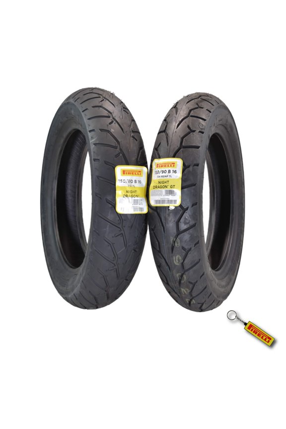 Night Dragon Tire Set: 150/80B16 M/C 71H TL Front & 130/90B16 M/C 73H REINFTL Rear Cruiser Motorcycle Tires - Superior Traction & Handling for High-Performance Cruisers with Keychain