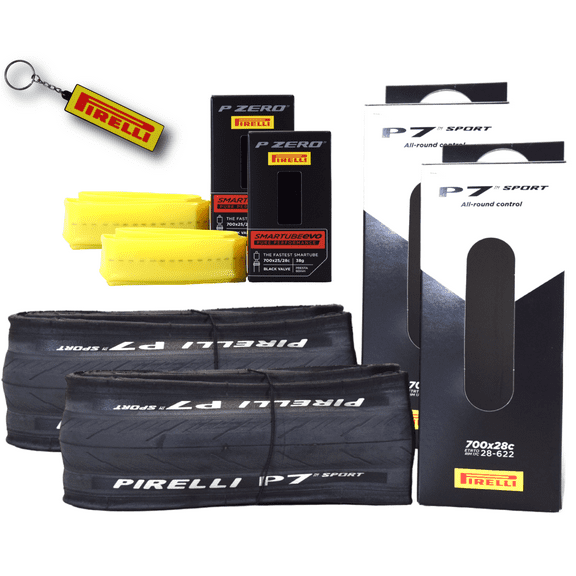 Pirelli P7 Sport 28-622 (700x28c) Road Bicyle Tire + SmarTUBE EVO 25/28-622 Presta 60mm - 2 Pack