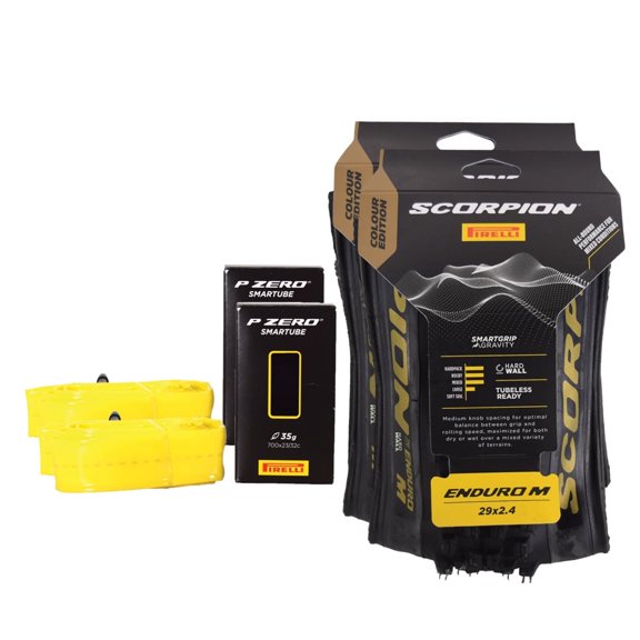 Pirelli Scorpion Enduro M Gold Color (29 x 2.4) Mountain Bicycle Tire & SmarTUBE 23/32-622 Tubeless Ready 60 TPI All-Terrain for Enduro Trail & Aggressive XC Riding Mountain Bike w/Keychain (2 Pk)