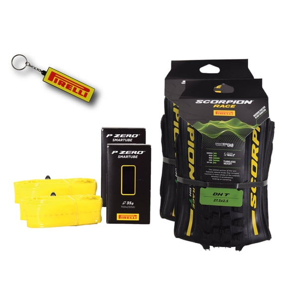 Pirelli Scorpion Race DH T Yellow 63-584 (27.5x 2.5) MTB Bicycle Tire & SmarTUBE 23/32-622 Set- Designed for Hardpacked Courses and Mixed Terrain, 60TPI - Mountain Bike Tire w/Keychain(2 Pk)