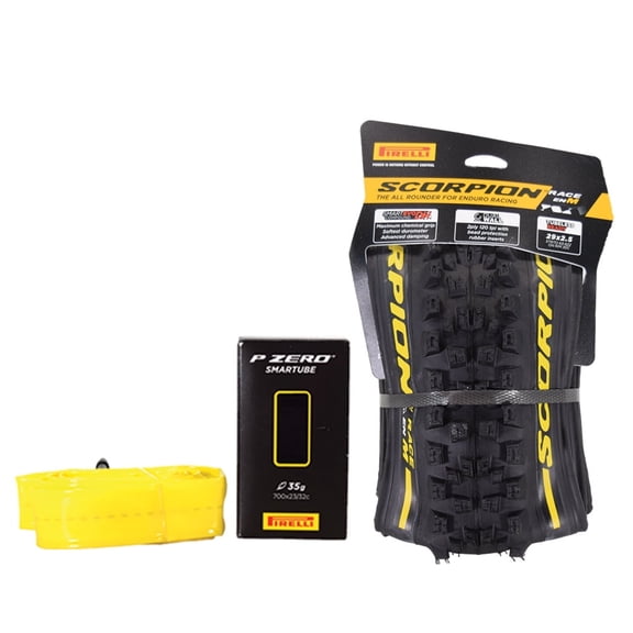 Pirelli Scorpion Race Enduro M Yellow Label 63-622 (29x 2.5) MTB Bicycle Tire & SmarTUBE 23/32-622 Set- Designed for Hardpacked Courses and Mixed Terrains, 120x2TPI - Mountain Bike Tire w/Keychain
