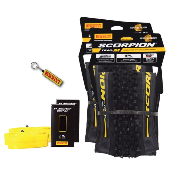 Pirelli Scorpion Trail M Yellow Label 60-622 (29x 2.4) MTB Bicycle Tire & SmarTUBE 23/32-622 Set- Designed for Trail Riding with Varying Terrain, 60TPI - Trail Bike Tire w/Keychain (2 Pk)