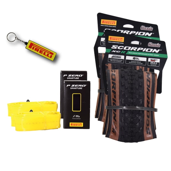 Pirelli Scorpion XC R Classic Tan 55-622 (29x 2.2) MTB Bicycle Tire & SmarTUBE 23/32-622 Set- Designed for Hardpacked and Trail Courses, 60TPI and ProWall Casing- Mountain Bike Tire w/Keychain (2 Pk)