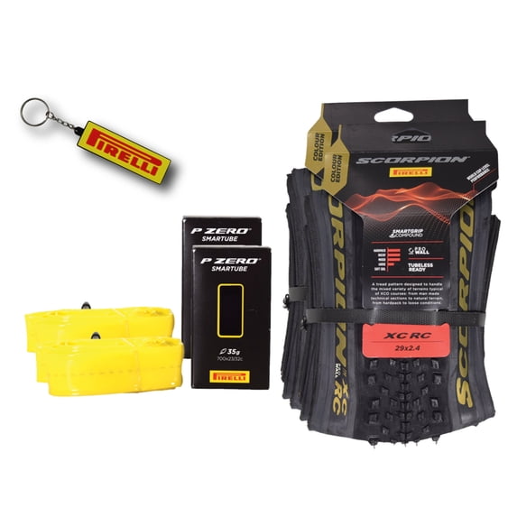 Pirelli Scorpion XC RC Gold Label 60-622 (29x 2.4) MTB Bicycle Tire & SmarTUBE 23/32-622 Set- Designed for Demanding XC Courses, 120TPI and ProWall Casing- Mountain Bike Tire w/Keychain (2 Pk)
