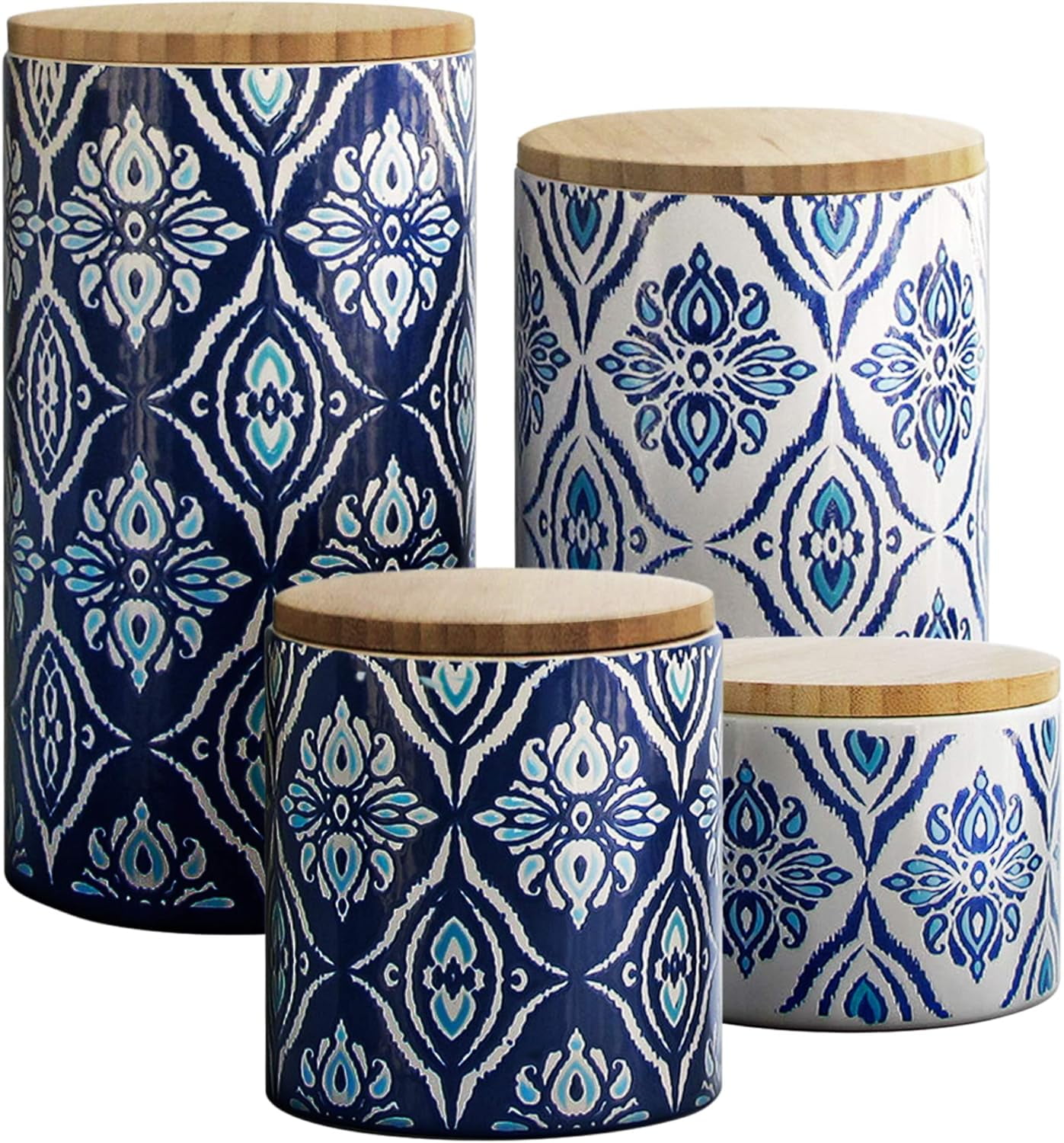 Blue and White Ceramic Cylindrical Canister Set with Wooden Lids