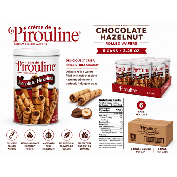 Pirouline Chocolate Hazelnut Crme Filled Rolled Wafers, 3.25 oz Tins, Pack of 6