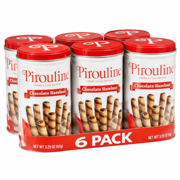 Pirouline Chocolate Hazelnut Wafer Rolls, 6 Pack Cans, 3.25 oz Each, Crispy Rolled Wafers