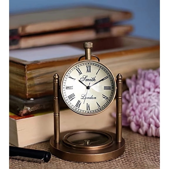 Piru Handmade Brass & Marble 4 Inch Table Clock for Analog Home & Office Dcor Roman Number Dial, Raised Up Dial 4.2 Inch Table Clock.