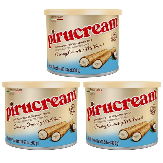 Pirucream Cream Filled Rolled Wafer. Coconut Flavour. Crispy and Light. Enjoy with Coffee or Ice Cream. 10.59 oz / 300 Gr. Pack of 3